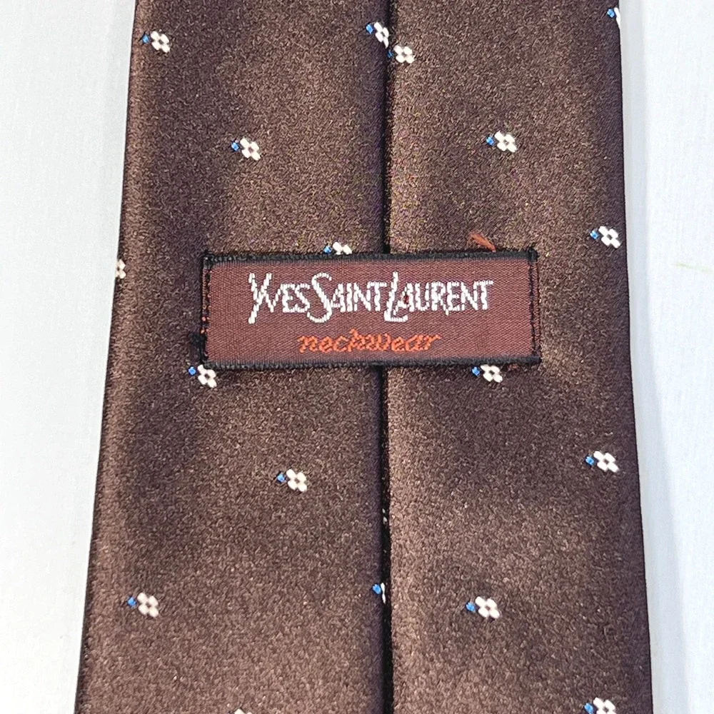 Yves Saint Laurent Mens Silk Tie Brown Floral Monogram Logo Necktie vintage YSL